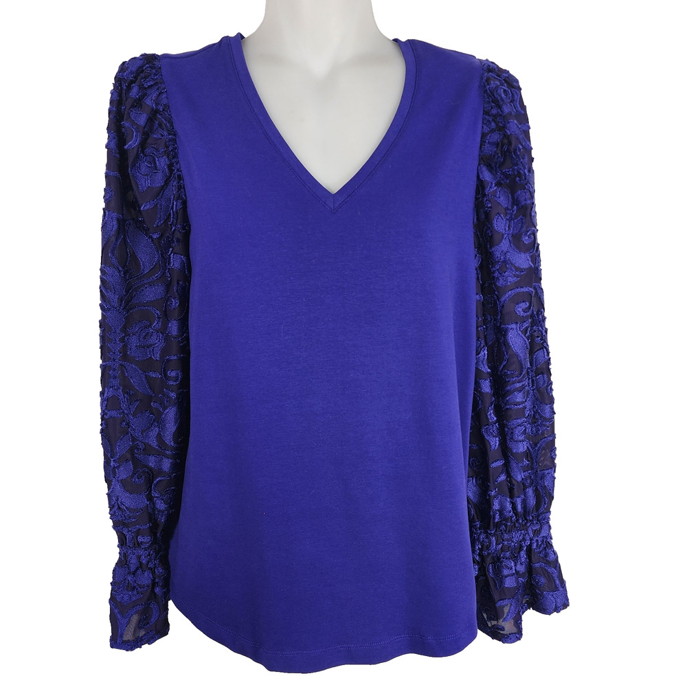 Chicos Women Knit Top Burnout Chiffon Long Sleeve V Neck Purple Small Whimsigoth